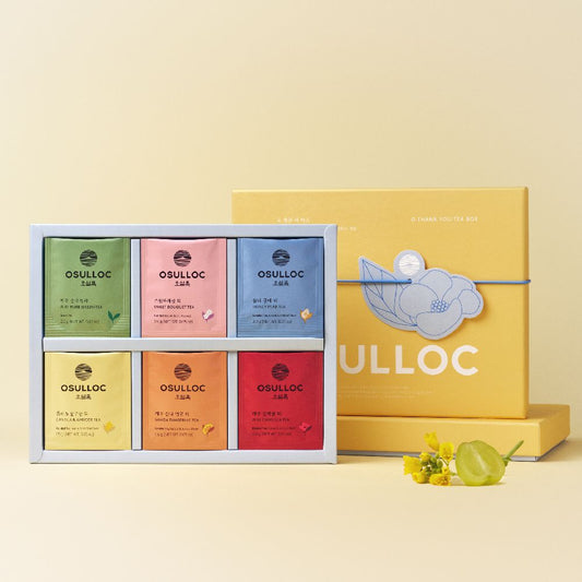 Coffret OSULLOC Oh Thank You Tea avec ses 6 compartiments de sachets de thé et fleurs de colza