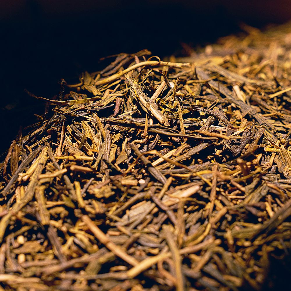 Feuilles de hojicha torréfiées vues de près