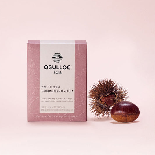 Boîte rose poudré OSULLOC Marron Cream Black Tea avec des visuels de marrons entiers