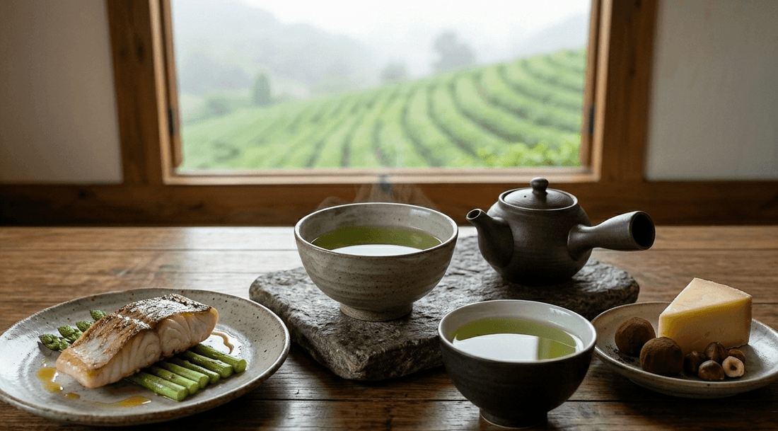 Service à thé en grès Maison Boseong sur une table avec chocolat et fromage, vue sur les champs de thé de Boseong.