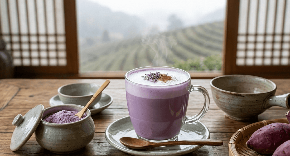 Purple Sweet Potato Latte sur la table devant la fenetre