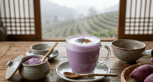 Purple Sweet Potato Latte sur la table devant la fenetre