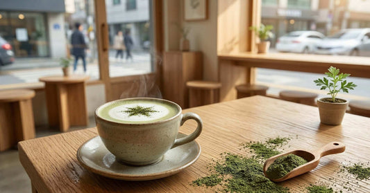 L'Autre Or Vert de Corée Plongez dans la Tendance du Ssuk photo de tasse et de poudre devant les champs de the