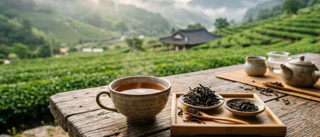 Balhyocha Thé Fermenté Coréen Alternative Unique au Pu-erh bol avec vue sur champs de thé