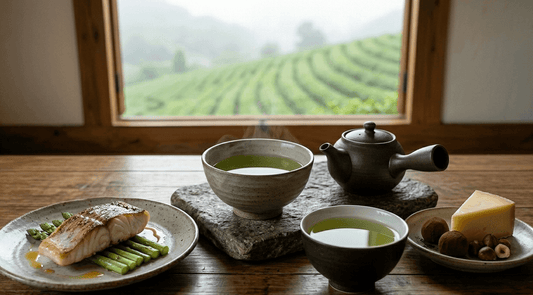 Service à thé en grès Maison Boseong sur une table avec chocolat et fromage, vue sur les champs de thé de Boseong.