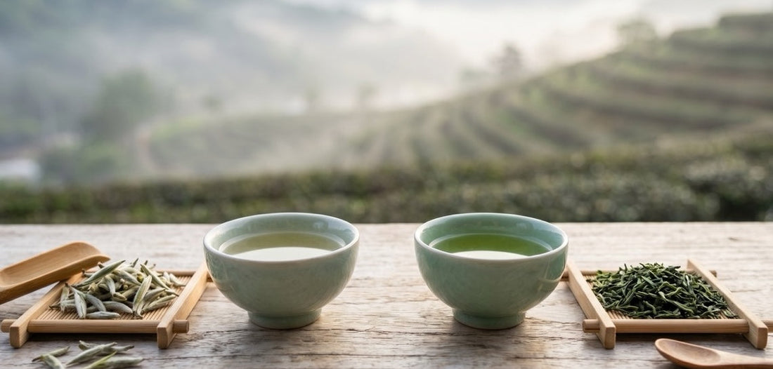 Ujeon vs Sejak Comprendre les Grades de Récolte du Thé Coréen image ou on voit les deux bols de the differents