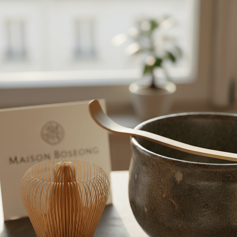 Sélection d'accessoires thé coréen artisanaux de la Maison Boseong incluant bol en grès et fouet en bambou.