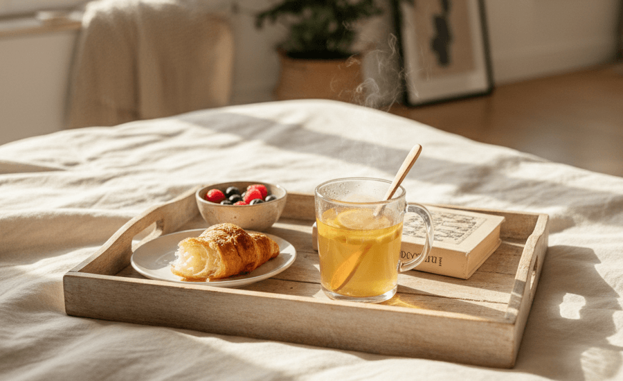 Une tasse fumante de thé bien-être coréen de la Maison Boseong entourée de plantes