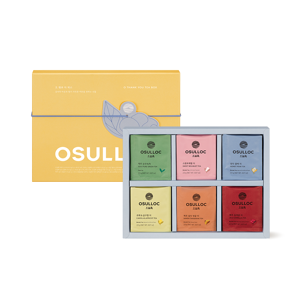 Coffret jaune OSULLOC Oh Thank You Tea ouvert montrant 6 saveurs de sachets colorés sur fond clair