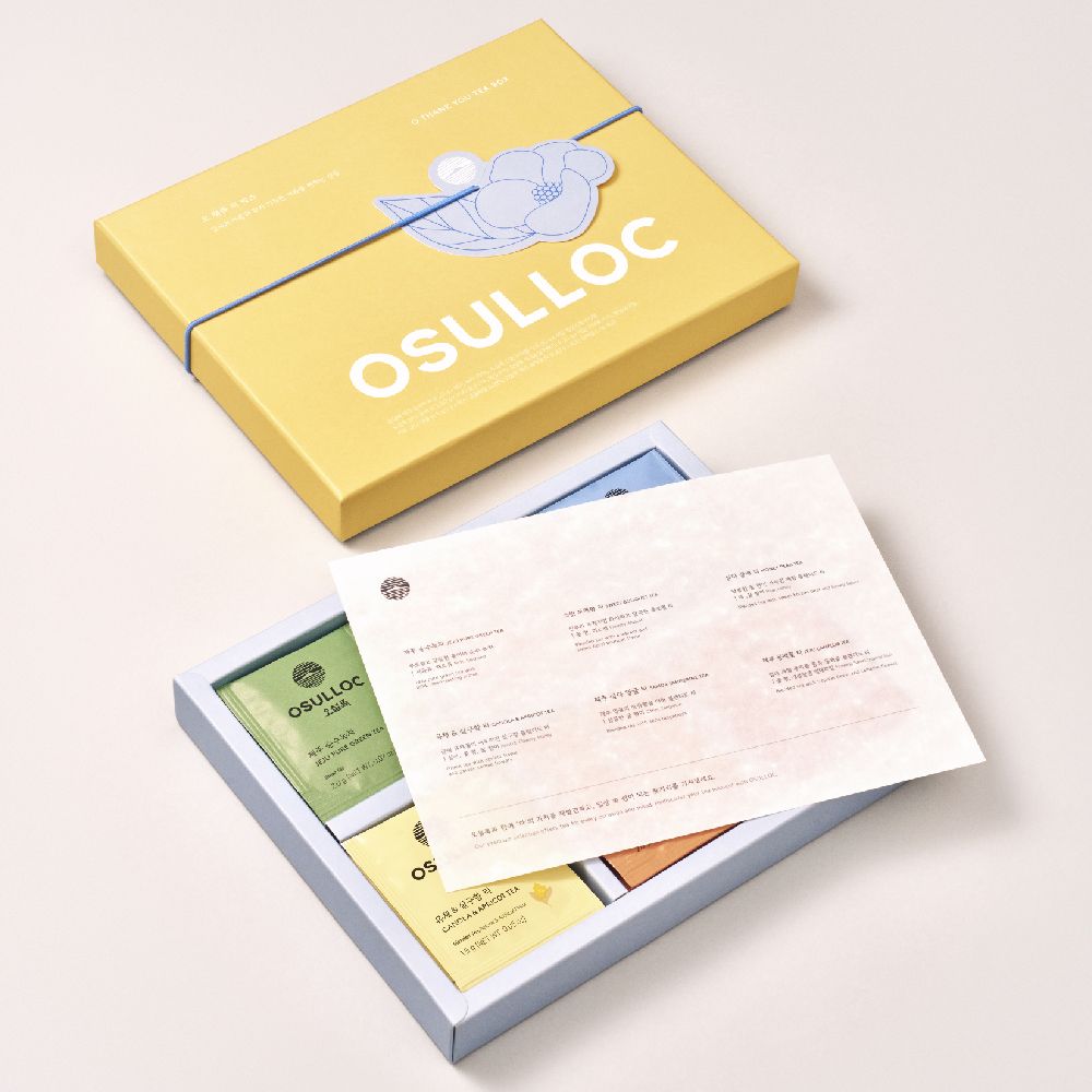 Coffret OSULLOC Oh Thank You Tea ouvert avec sa carte de présentation des saveurs