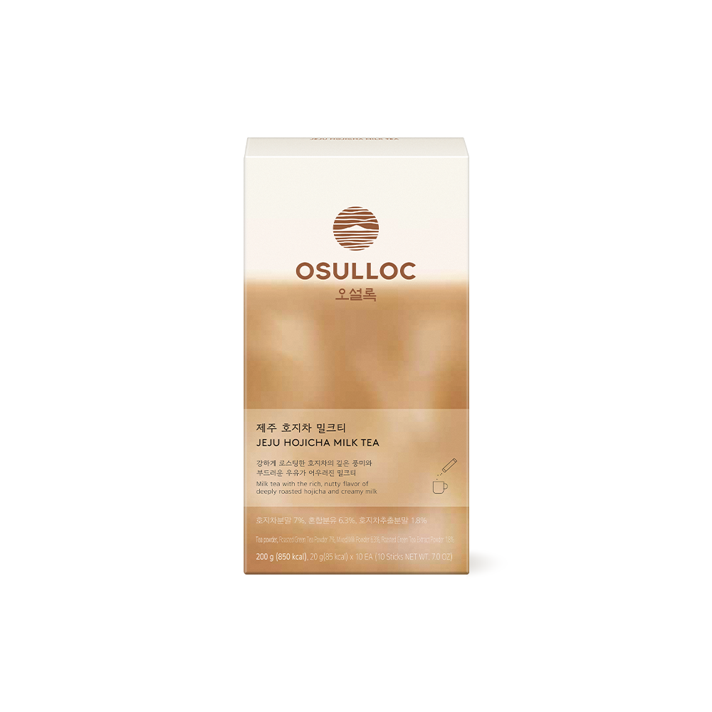 Boîte OSULLOC Jeju Hojicha Milk Tea de 10 sticks sur fond clair