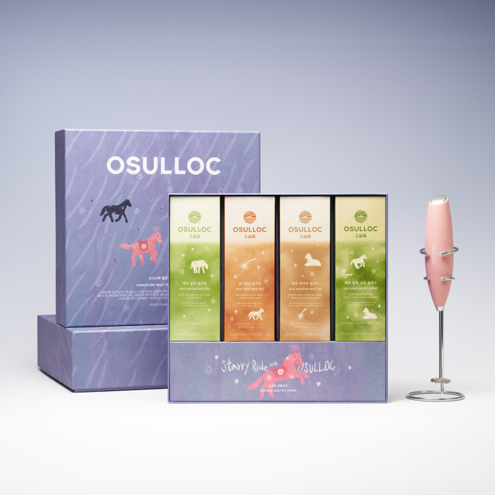 Coffret bleu OSULLOC Signature Milk Tea Collection avec sticks colorés et mousseur à lait.
