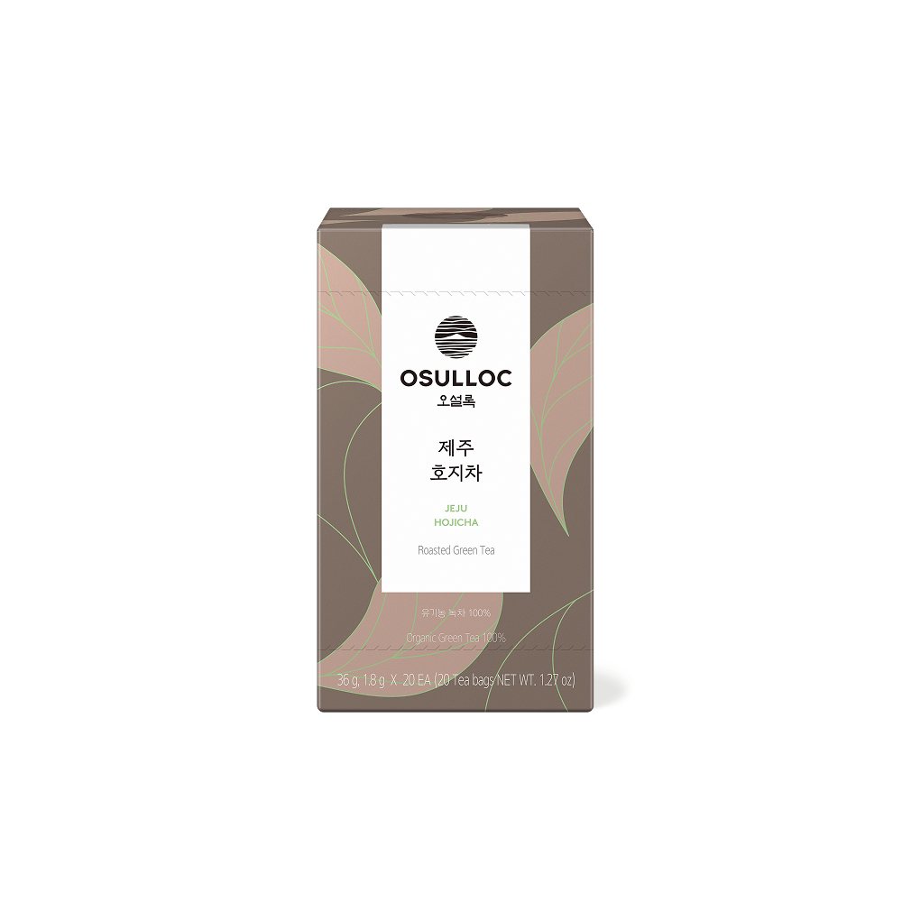 Boîte grise OSULLOC Jeju Hojicha de 20 sachets sur fond clair
