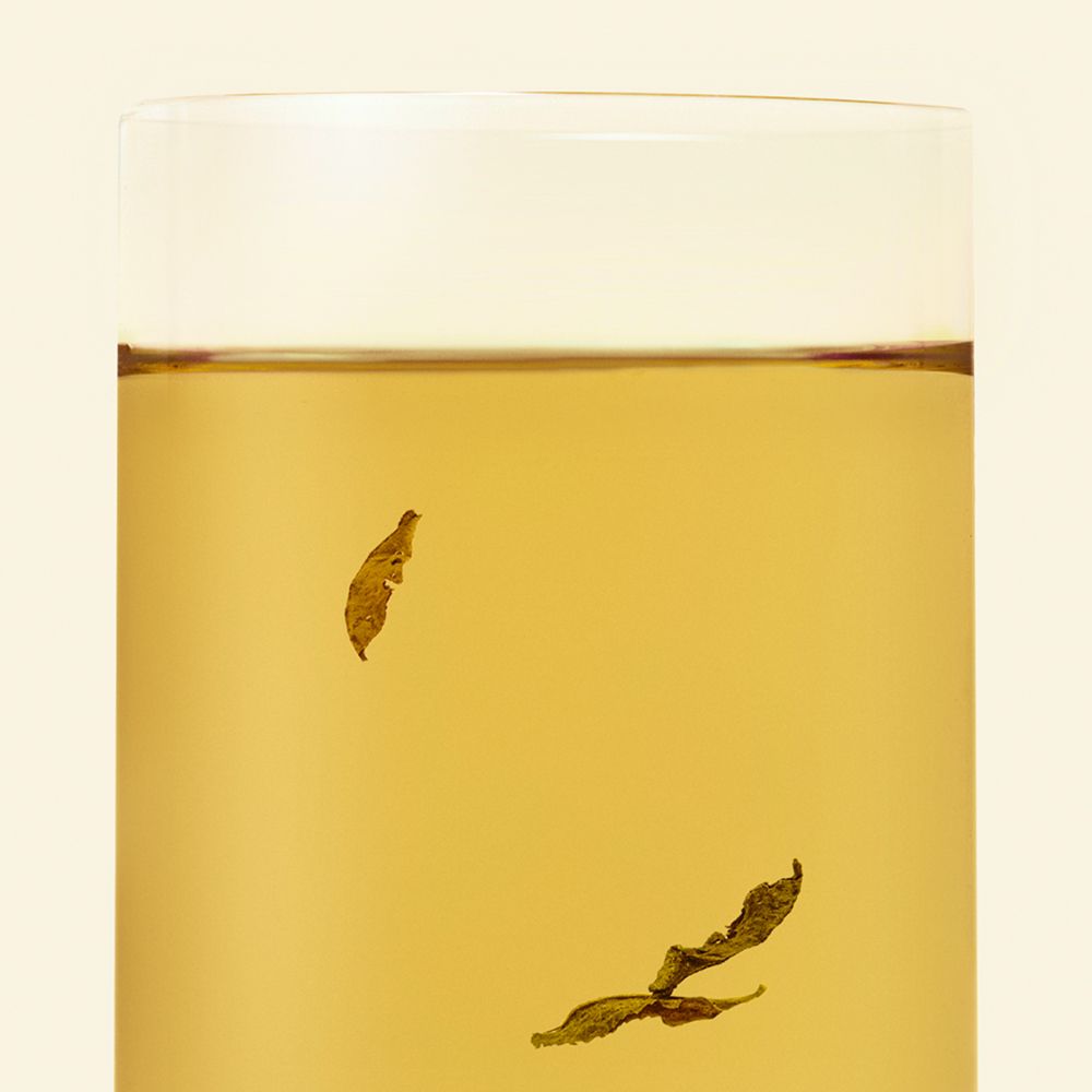 Verre de hojicha doré avec deux feuilles de thé en suspension