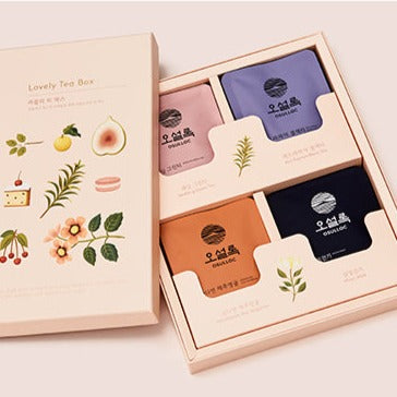 Coffret rose ouvert Lovely Tea Box OSULLOC montrant 4 compartiments colorés de sachets de thé 