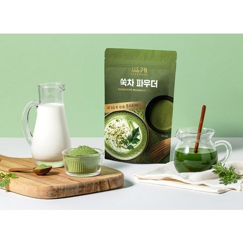 Poudre de Ssuk Premium Armoise Coréenne sachet avec tasse plante et pot de lait 