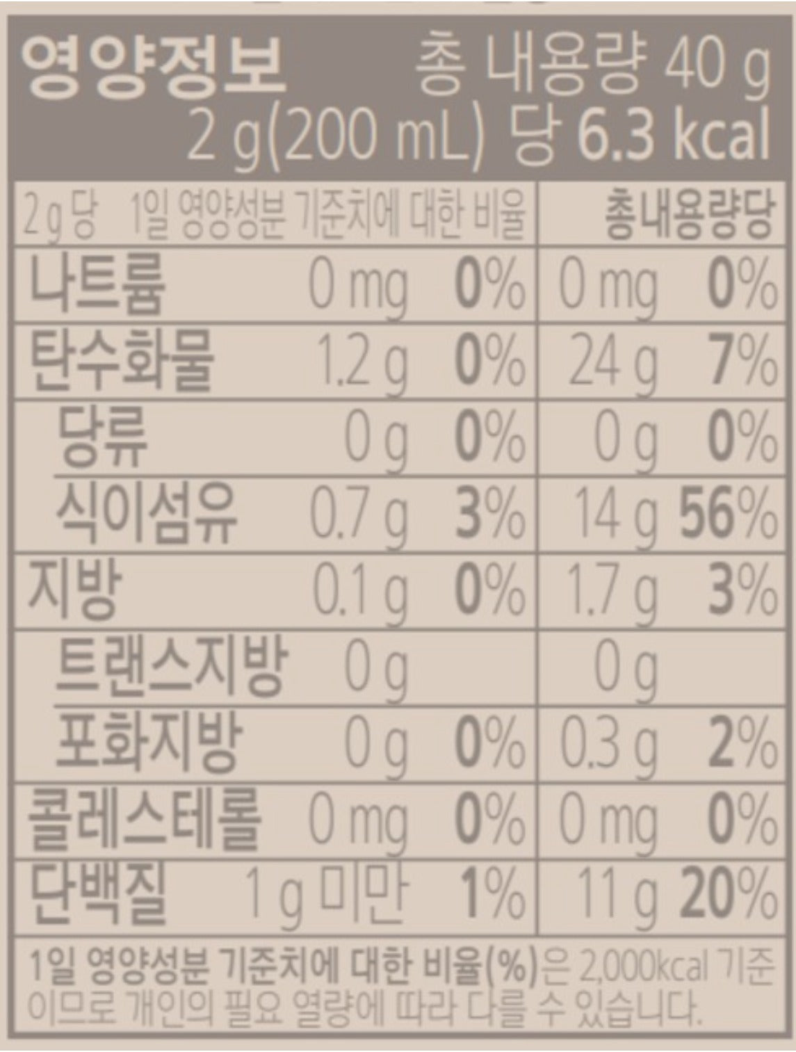 Tableau des informations nutritionnelles de la poudre de thé vert bio OSULLOC 40g